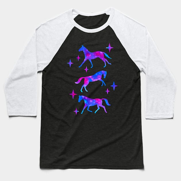 Nebula Watercolor Horses (Black Background) Baseball T-Shirt by illucalliart